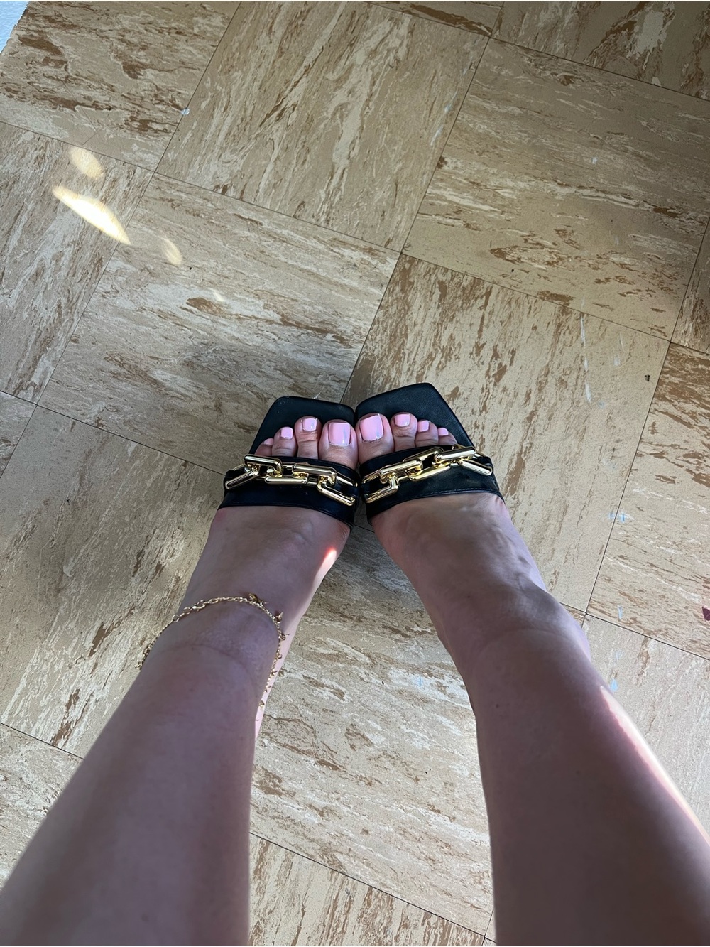 Black Chain-Detail Square-Toe Women's Slide Sandals